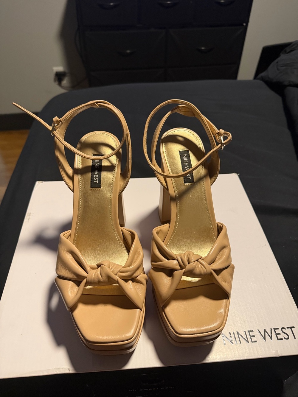 Nine West Beige Knotted Platform Ankle-Strap Block Heels